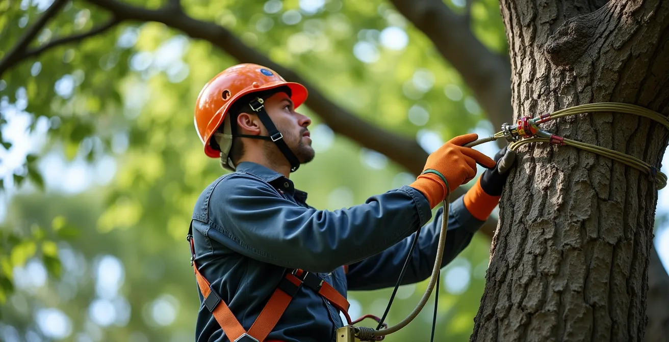 Un arboriste professionnel installant un système de haubanage sur un grand arbre pour le sécuriser