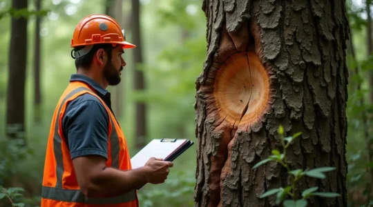 Un arboriste examinant attentivement les fissures sur un tronc d'arbre avec des outils de diagnostic