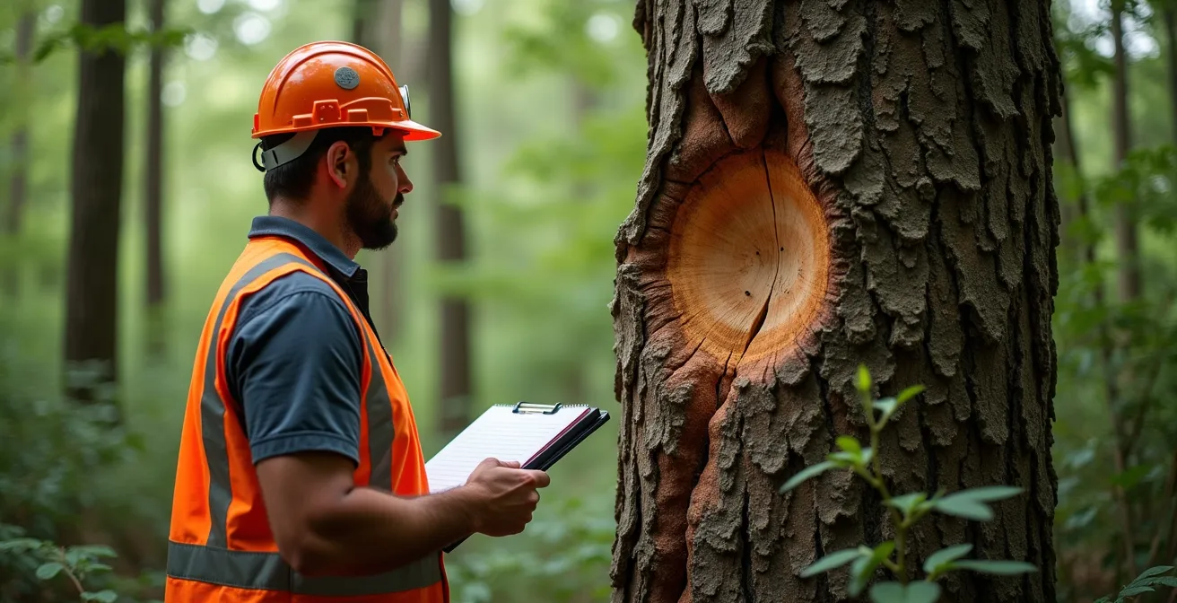 Un arboriste examinant attentivement les fissures sur un tronc d'arbre avec des outils de diagnostic
