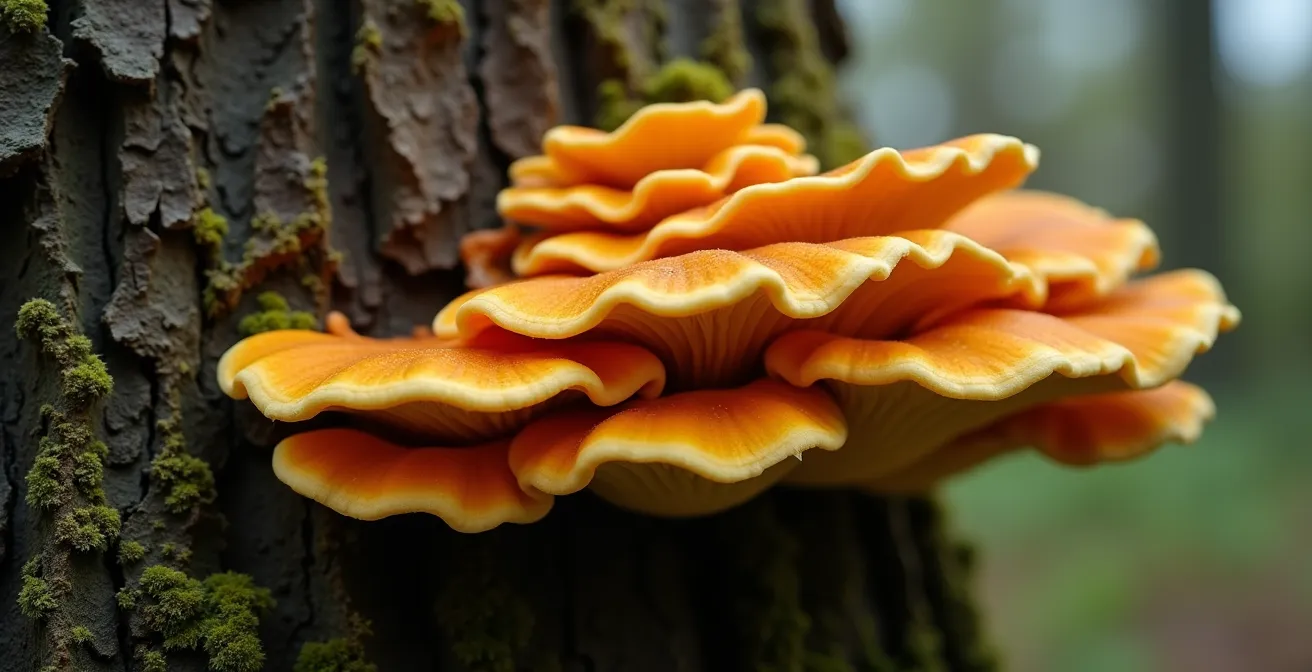 Champignon polypore orange et jaune poussant sur le tronc d'un chêne, indiquant une pourriture interne