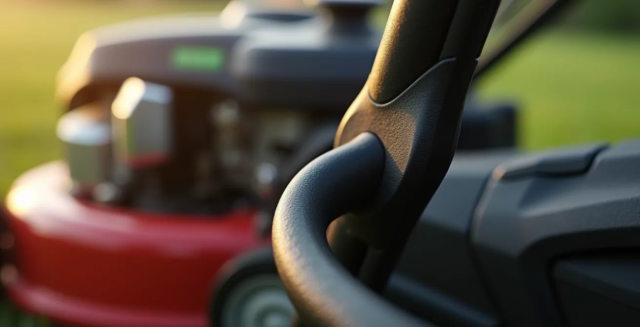 Macro-détails montrant guidon réglable, système de démarrage électrique et poignées ergonomiques d'une tondeuse