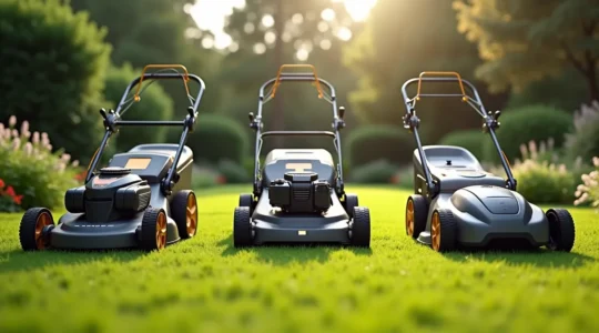 Comparaison visuelle de trois types de tondeuses dans un jardin verdoyant avec divers terrains