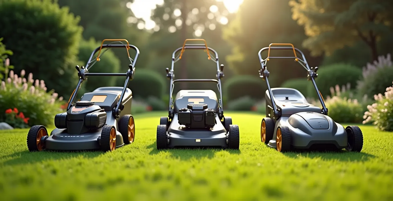Comparaison visuelle de trois types de tondeuses dans un jardin verdoyant avec divers terrains