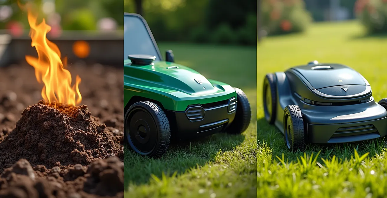 Trois images montrant les caractéristiques distinctes : tondeuse thermique en action, batterie technologique, robot autonome