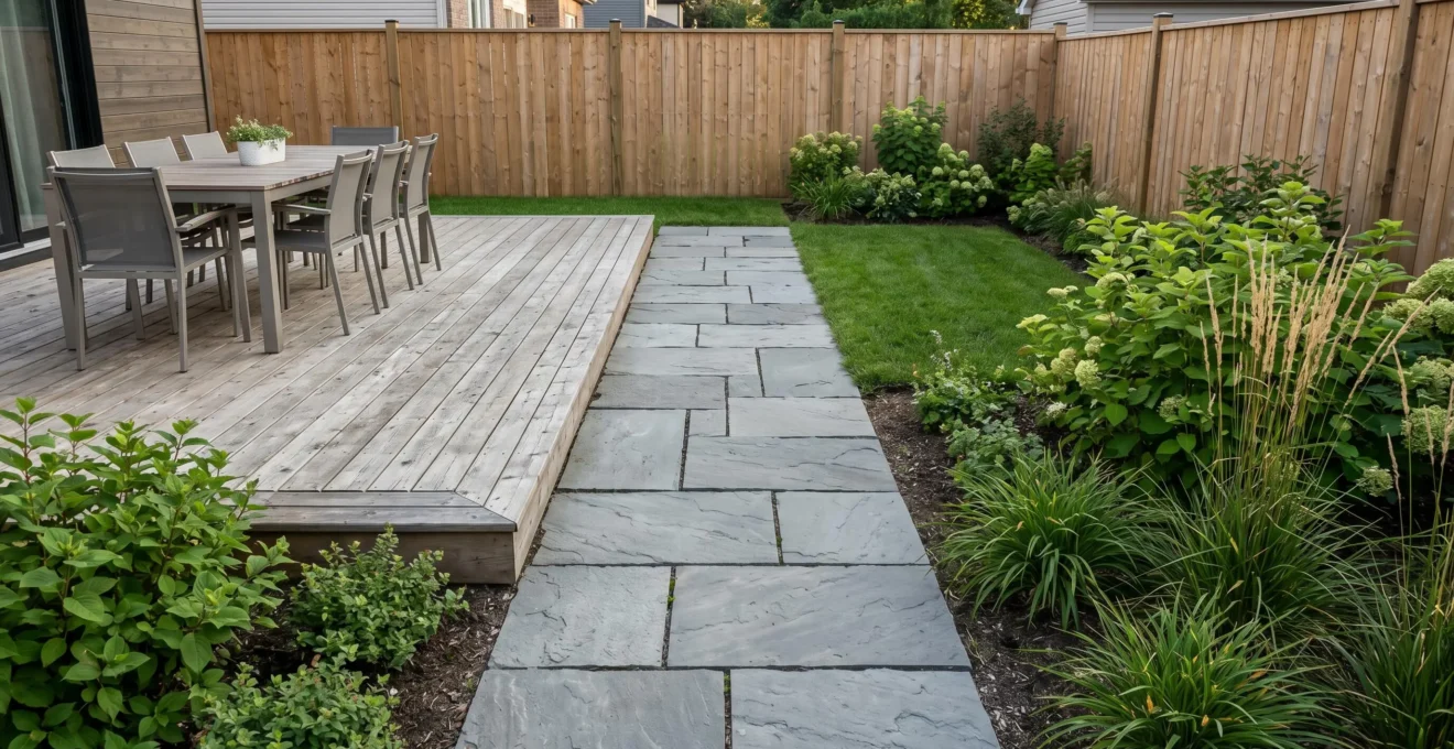 Allée paysagère en dalles de pierre reliant zones fonctionnelles d'une cour arrière québécoise : terrasse, plate-bande et pelouse
