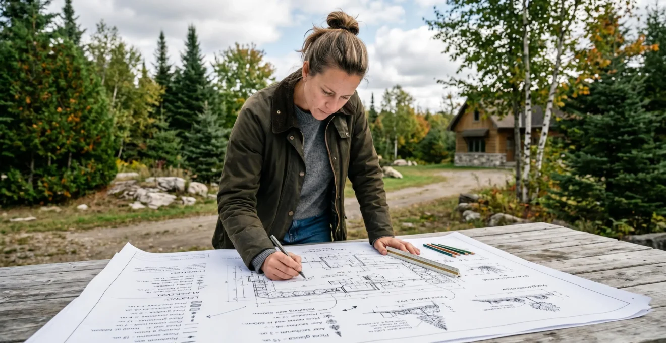 Architecte paysagiste travaillant sur un plan d'aménagement détaillé avec annotations et légendes, table de travail extérieure avec terrain résidentiel québécois en arrière-plan