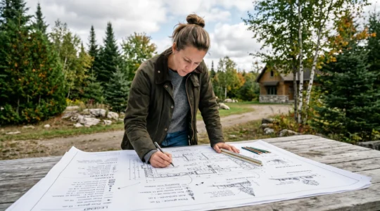 Architecte paysagiste travaillant sur un plan d'aménagement détaillé avec annotations et légendes, table de travail extérieure avec terrain résidentiel québécois en arrière-plan