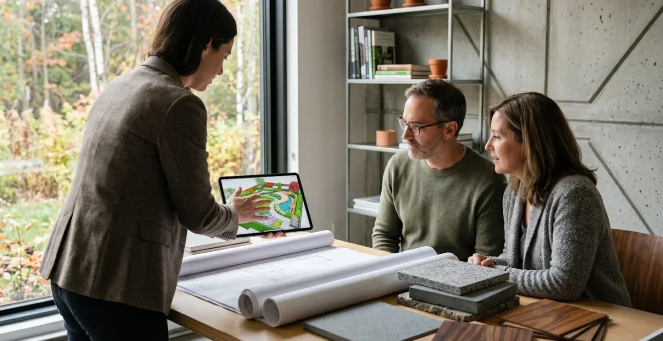 Paysagiste professionnel présentant un rendu 3D d'aménagement paysager sur tablette à des clients propriétaires dans un bureau avec plans et échantillons matériaux